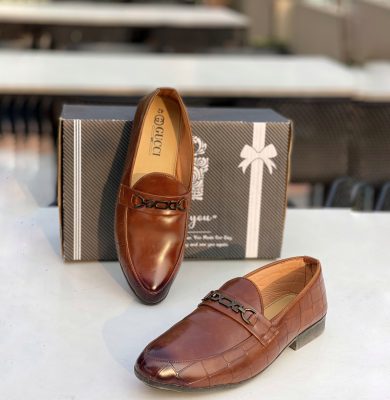 Premium Brown Leather Loafer – Metal Accent Design